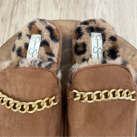 S M L NWT Jessica Simpson brown and gold fuzzy slippers with cheetah print - Picture 13 of 13